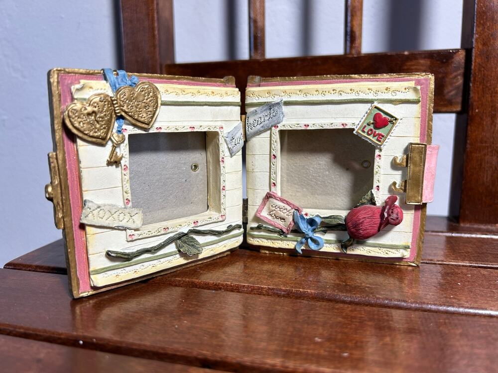 Vintage Sculpted Resin Book Style Double Photo Frame Heart Cottage Shabby Chic